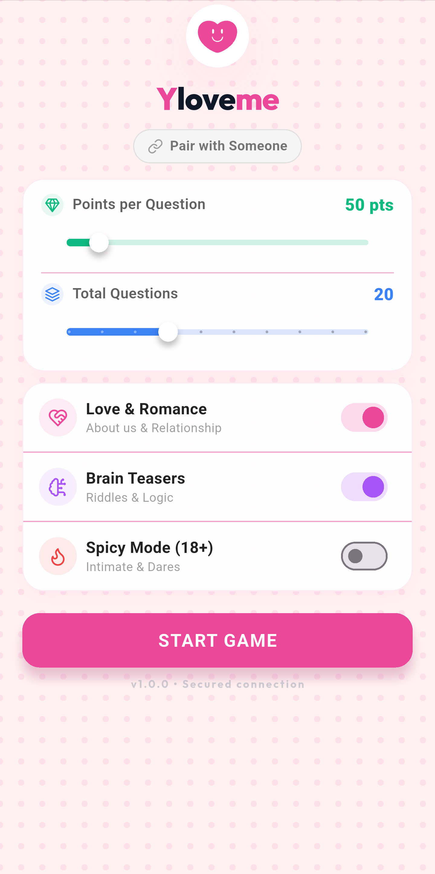 Yloveme app screenshot showing the menu screen with Yloveme branding, game modes, and connection features